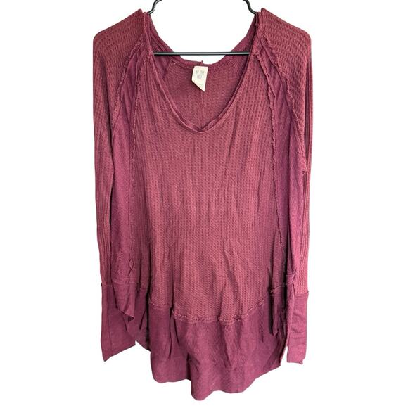 We The Free People Waffle Thermal Top L/S Burgundy Medium Casual Relaxed - Picture 1 of 7